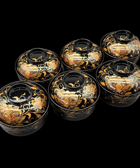 【6客セット】 明治期 金蒔絵 黒塗り 吸物椀 牡丹 御汁椀 漆器 塗物 煮物 縁起物 和食器 骨董品 アンティーク