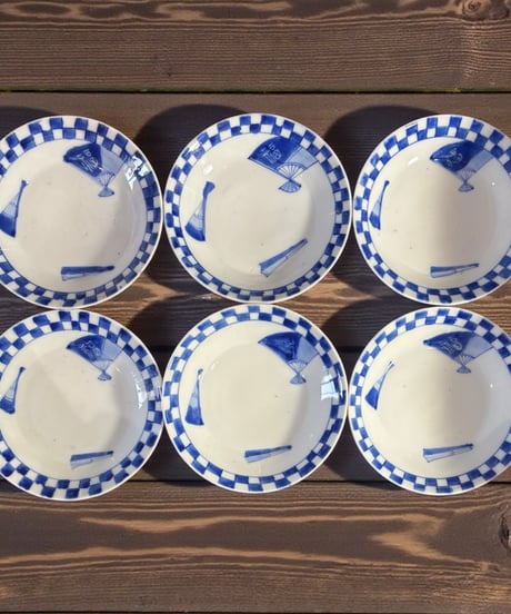 【6客セット】 古伊万里 染付 福 扇子 丸皿 取り皿 飾り皿 和食器 伊万里 陶器 骨董品 アンティーク