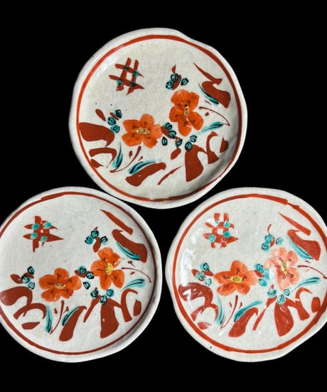 【3客セット】志野 赤絵 丸皿 [草花絵] 小皿 和風 取り皿 盛り皿 飾り皿 和食器 骨董品 アンティーク