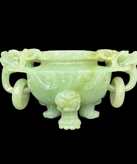 翡翠 三足香炉 玉石 双耳 龍頭 香炉 美術品 インテリア 置物 時代物 工芸品 骨董品 アンティーク