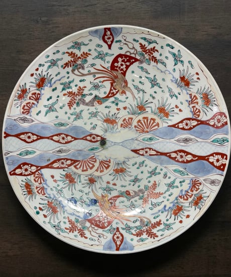 古伊万里 金彩 色絵 鳳凰草花文図 絵皿 大皿 取り皿 飾り皿 伊万里 陶器 骨董品 アンティーク