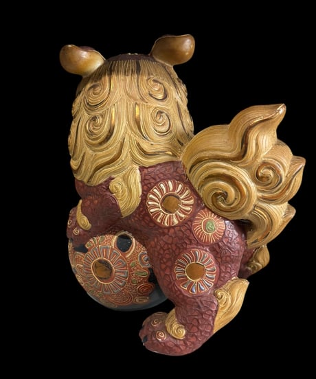 九谷焼 赤獅子 色絵 玉獅子 玉乗り獅子 唐獅子 置物 美術品 縁起物 オブジェ 陶磁器 陶器 骨董品 アンティーク