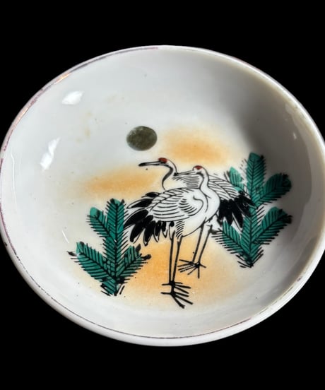 【2客セット】色絵 鶴 松 夕日 小皿 取り皿 盛り皿 飾り皿 和食器 骨董品 アンティーク