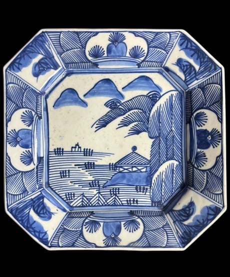 古伊万里 八角絵皿 [山水風景図] 玩 銘あり 染付 年代物 八角皿 角皿 平皿 取り皿 盛り皿 飾り皿 伊万里 和食器 骨董品 アンティーク