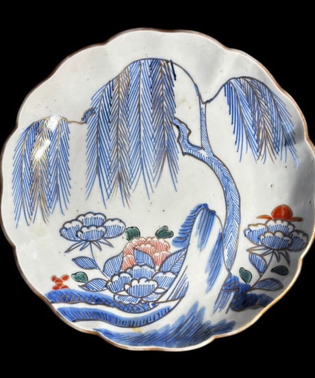 【2客セット】 古伊万里 染付 柳 牡丹 色絵 丸皿 取り皿 飾り皿 和食器 明治 大正 伊万里 陶器 骨董品 アンティーク