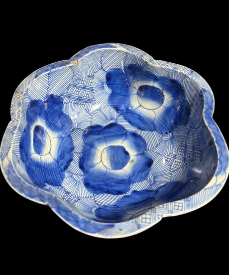 ベロ藍 染付 花重ね図 花形鉢 深鉢 鉢 取り皿 飾り皿 和食器 明治 陶器 骨董品 アンティーク