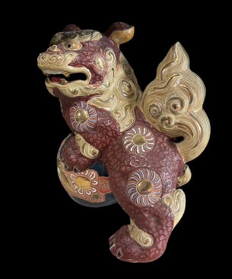 九谷焼 赤獅子 色絵 玉獅子 玉乗り獅子 唐獅子 置物 美術品 縁起物 オブジェ 陶磁器 陶器 骨董品 アンティーク