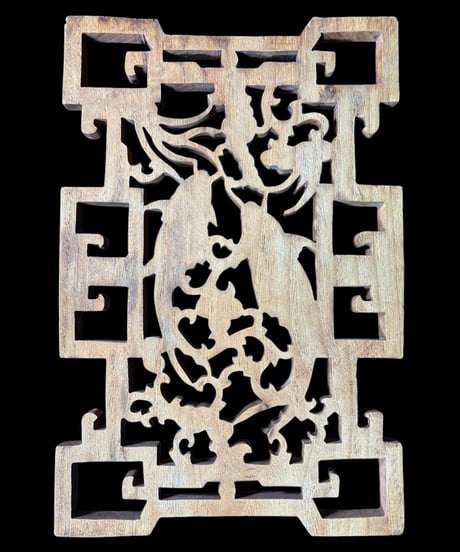 中国手彫り彫刻パネル [鯉草花絵] 木彫り 中国 木製 和風 手彫り 彫刻 古民具 中国雑貨 壁飾り インテリア レトロ アンティーク