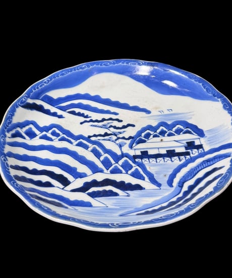古伊万里 山水風景図 装飾皿 染付 明治 丸皿 盛り皿 飾り皿 古伊万里 古美術 和食器 骨董品 アンティーク