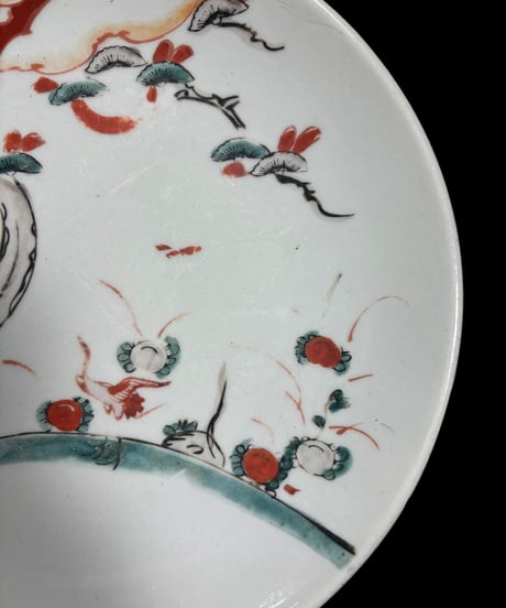 赤絵 [鶴 草木花文] 伊万里 色絵 平皿 丸皿 取り皿 飾り皿 プレート 和食器 陶器 骨董品 アンティーク