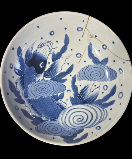 金継ぎ 古染付 鯉 魚文図 大皿 丸皿 取り皿 盛り皿 飾り皿 明治 古美術 和食器 骨董品 アンティーク