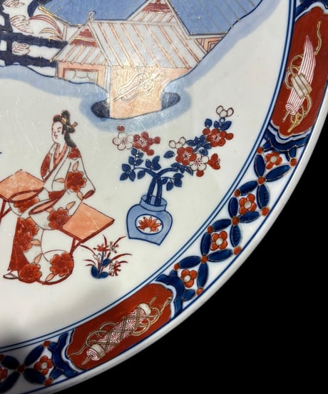 有田焼 哲山作 色絵 人物風景菊文図 絵皿 大皿 取り皿 飾り皿 伊万里 陶器 作家物 骨董品 アンティーク