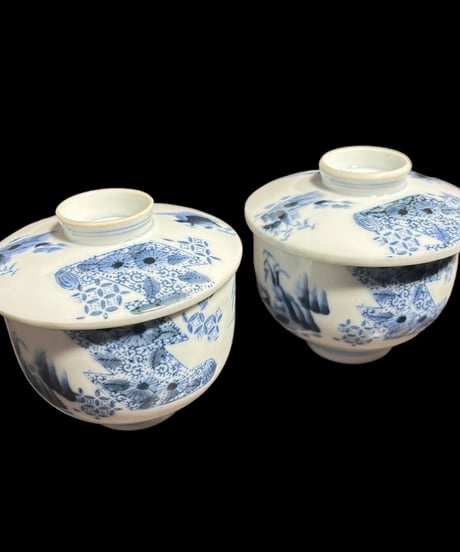 【2客セット】染付 蓋付き 向付 [松竹梅紋柄] 湯呑み 茶器 茶碗 茶道具 器 陶器 骨董品