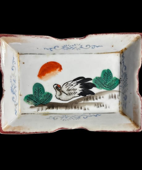 【2客セット】 昭和前期 刺身皿 鶴 松 四角皿 絵皿 和食器 時代物 骨董品 アンティーク