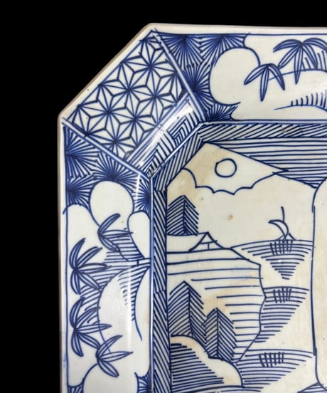 古伊万里 八角絵皿 [竹草花風景図] 染付 年代物 大皿 角皿 平皿 取り皿 盛り皿 飾り皿 伊万里 和食器 骨董品 アンティーク