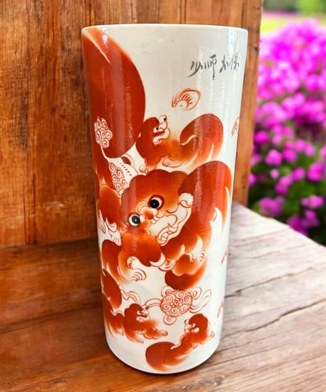 中国清末 民国 壺 [獅子] 中国雑貨 赤絵 麒麟 狛犬 フラワーベース 花瓶 花入れ 丸壺 花器 陶器 中国 古美術 シノワズリ 骨董品 アンティーク