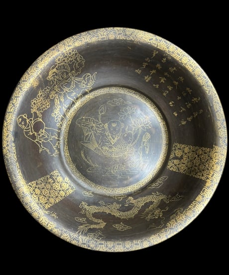 中国雑貨 銅盆地 [龍 蓮 鯛 人物 風雲] ボウル 盆地 洗浄 中国 レトロ 骨董品 アンティーク