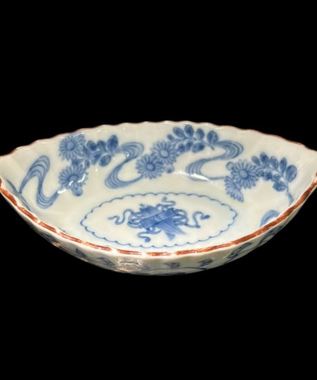 【2客セット】染付 小皿 [菊 流水紋] 楕円 小鉢 和食器 洋食器 陶器 骨董品 アンティーク