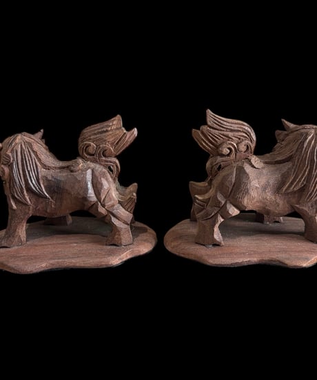 【2体セット】木彫り 阿吽 獅子 ペア シーサー 置物 美術品 縁起物 オブジェ 骨董品 アンティーク