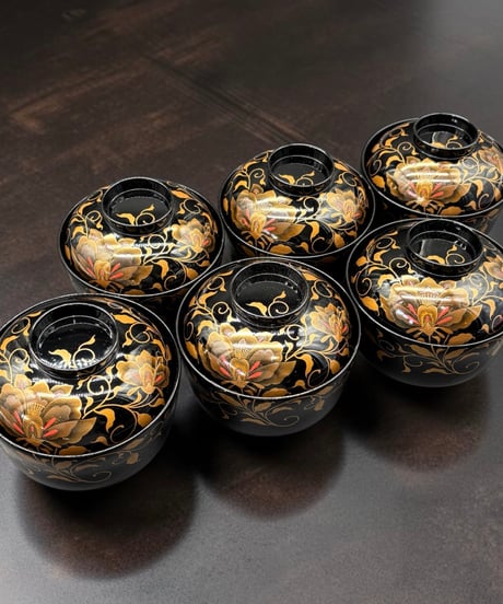 【6客セット】 明治期 金蒔絵 黒塗り 吸物椀 牡丹 御汁椀 漆器 塗物 煮物 縁起物 和食器 骨董品 アンティーク