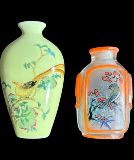 【2個セット】 鼻煙壺 中国美術 伝統工芸 中国 小瓶 梅 鳥 インテリア 置物 工芸品 骨董品 アンティーク