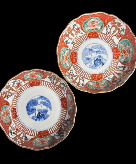 【2客セット】古伊万里 金襴手 赤絵 花台草花文図 なます皿 冨貴長春 金彩 丸皿 取り皿 飾り皿 和食器 伊万里 陶器 骨董品 アンティーク