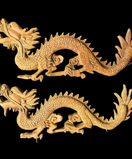 【2体セット】彫刻 龍 木製 欄間 古民家建具等 彫刻パーツ 十二支 置物 飾り 竜 辰 縁起物 木彫り 天然木 工芸品 骨董品 アンティーク