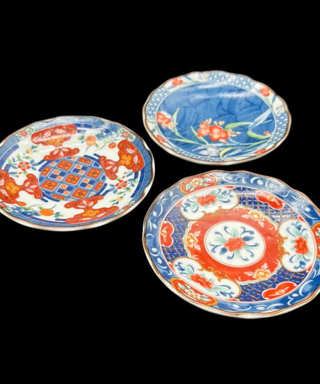 【3客セット】有田焼 雅東苑窯 色絵 小皿 絵違い 染付 絵皿 飾皿 時代物 和食器 骨董品 アンティーク