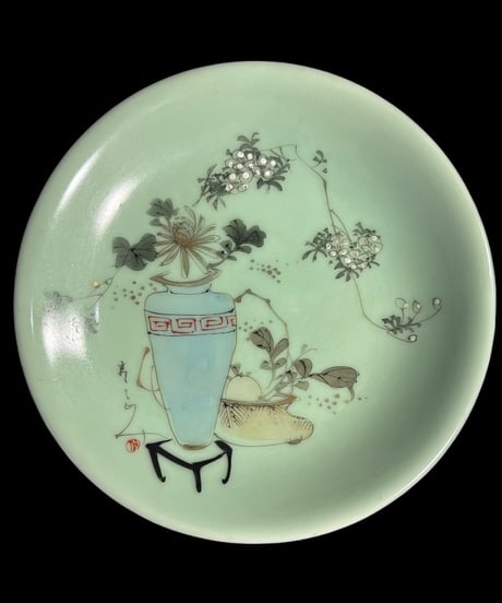【5客セット】 古伊万里 青磁 花瓶草花文図 丸皿 平皿 飾皿 和食器 陶器 時代物 骨董品 アンティーク