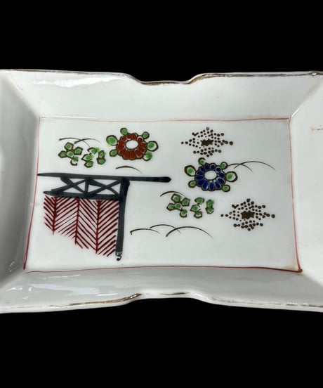 【2客セット】色絵 角皿 [風景草花] 刺身皿 丸皿 平皿 取り皿 盛り皿 飾り皿 絵皿 和食器 骨董品 アンティーク