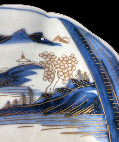 明治前期 古伊万里 染付 金彩 山水風景図 大皿 取り皿 飾り皿 和食器 陶器 骨董品 アンティーク