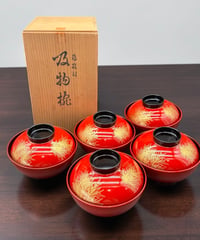 【5客セット】 高級 時代椀 高仙才吸椀 朱 若松 蓋付き椀 蓋物 汁椀 煮物 器 陶器 旅館 和食器 骨董品