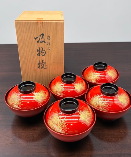 【5客セット】 高級 時代椀 高仙才吸椀 朱 若松 蓋付き椀 蓋物 汁椀 煮物 器 陶器 旅館 和食器 骨董品