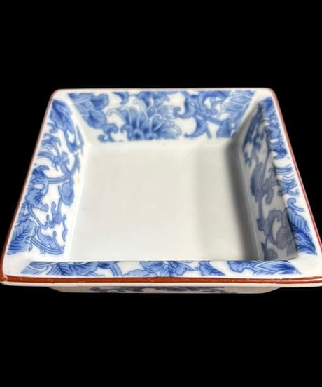 【2客セット】染付 四角皿 [草花文絵] 小鉢 取り皿 盛り皿 飾り皿 和食器 骨董品 アンティーク