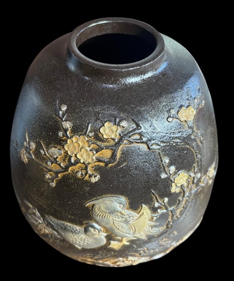 青銅 花瓶 龍仙作 梅鳥図 陶芸 おしどり 花 フラワーベース 壺 花入れ 丸壺 花器 陶器 作家物 古美術 骨董品 アンティーク