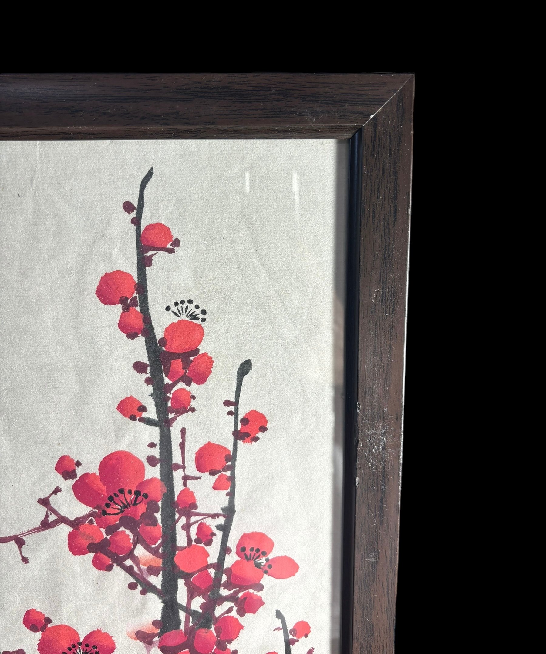 中国美術 水墨画【紅梅】額装 壁掛 額 絵画 梅 色絵 民国 古美術 装飾