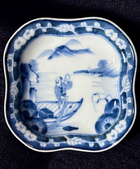 染付 四方皿 花山水人物絵 小皿 丸皿 平皿 取り皿 盛り皿 飾り皿 江戸 和食器 骨董品 アンティーク