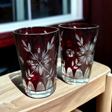 【2客セット】切子グラス 赤 冠水瓶 ペアグラス レッド タンブラー コップ 器 食器 レトロ アンティーク