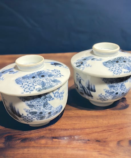 【2客セット】染付 蓋付き 向付 [松竹梅紋柄] 湯呑み 茶器 茶碗 茶道具 器 陶器 骨董品