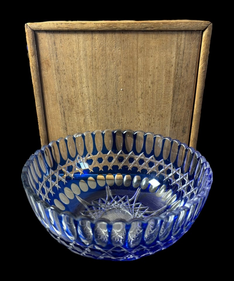 楠迪庵 切子 青 ガラスボウル 色被せ ガラス鉢 カットガラス 鉢