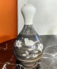 壺 一輪挿し [鳥 草花 文字] 中国雑貨 フラワーベース 花瓶 花入れ 丸壺 花器 陶器 古美術 骨董品 アンティーク