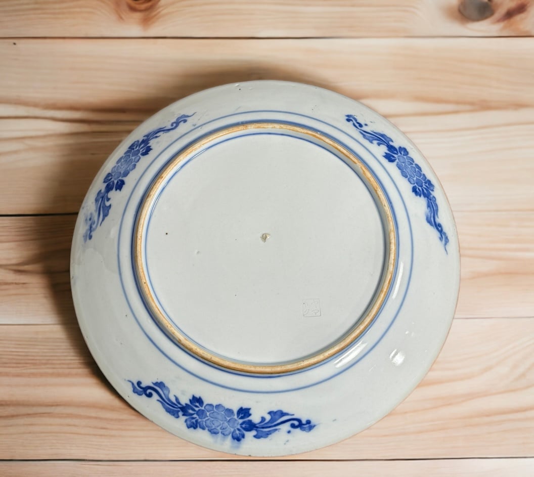 木箱付き　明治　46cm　印判染付け　大皿　骨董品 印判染付大皿 花風鈴図 A290mm B315mm 大皿 オードブル皿 飾り皿