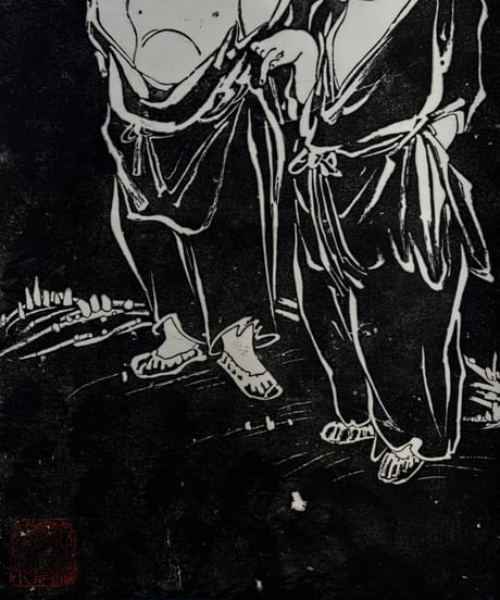 中国 掛け軸 [寒山拾得石刻像] 唐仁齋 作家物 時代物 掛軸 人物図 昭和 レトロ インテリア 壁掛け 古美術 骨董品 アンティーク
