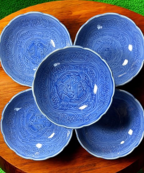 【5客セット】林泉 丸皿 ブルー 草花鳥絵 なます皿 取り皿 盛り皿 飾り皿 和食器 骨董品 アンティーク