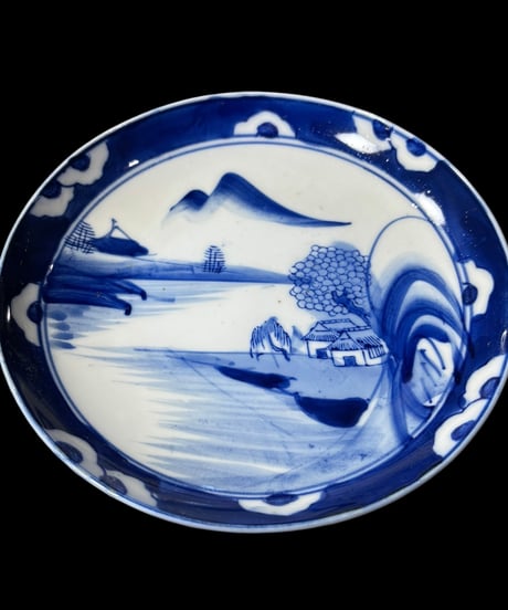 染付 平皿 [山水風景絵] 丸皿 大皿 取り皿 盛り皿 飾り皿 和食器 大正 昭和 骨董品 アンティーク