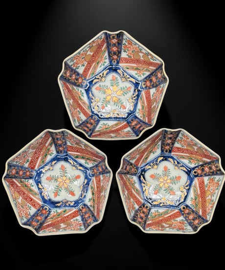 【3客セット】 古伊万里 錦手 隅切五角皿 金彩 色絵 小鉢 五角鉢 向付 和食器 陶器 骨董品 アンティーク