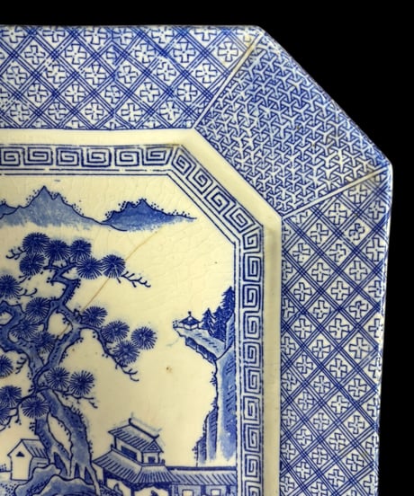 古伊万里 八角絵皿 [松山水風景文図] 染付 年代物 大皿 角皿 平皿 取り皿 盛り皿 飾り皿 伊万里 和食器 骨董品 アンティーク