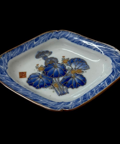 【17客セット】古伊万里 菱形皿 染付 菊 明治 草花文図 小皿 丸皿 盛り皿 飾り皿 古伊万里 古美術 和食器 骨董品 アンティーク