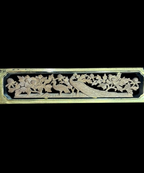 黄金欄間 寺院 透かし彫り [孔雀鶴雲草花] 木彫 古民家建具等 彫刻パーツ 飾り 縁起物 木彫り 工芸品 アンティーク