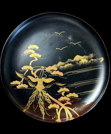 【2客セット】時代蒔絵 [鳥松風景絵] 黒漆 金蒔絵 漆芸 漆 丸皿 平皿 取り皿 盛り皿 飾り皿 和食器 昭和 骨董品 アンティーク